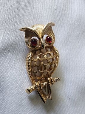 Gold Owl Brooch with Red Eyes